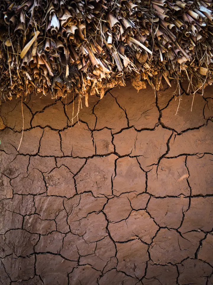 Close view of a cracked mud wall beneath the thatched eaves of a hut