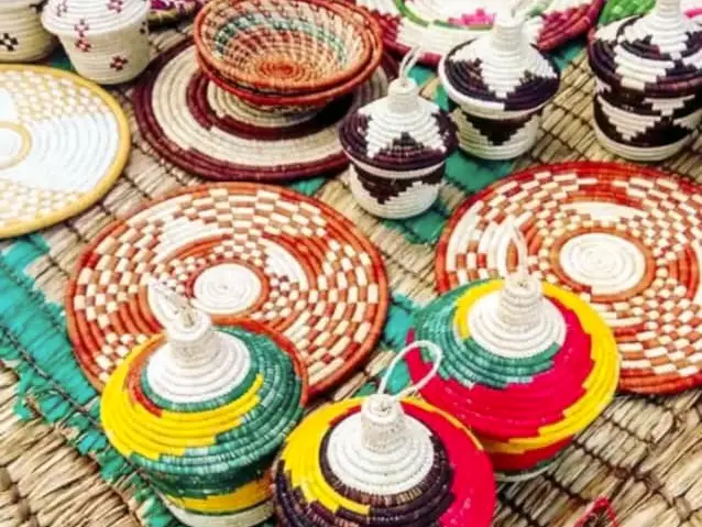 Woven baskets and mats in bright local patterns